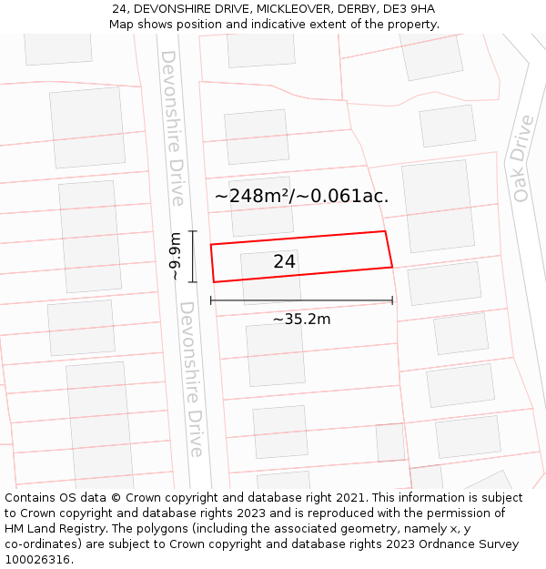 24, DEVONSHIRE DRIVE, MICKLEOVER, DERBY, DE3 9HA: Plot and title map