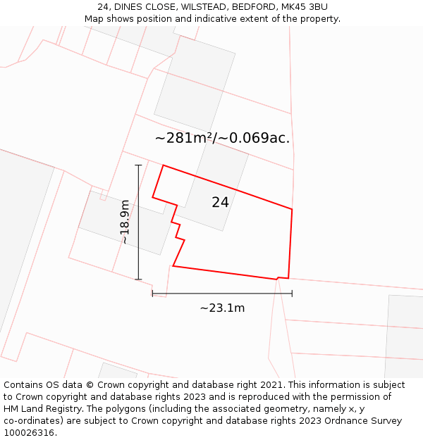 24, DINES CLOSE, WILSTEAD, BEDFORD, MK45 3BU: Plot and title map