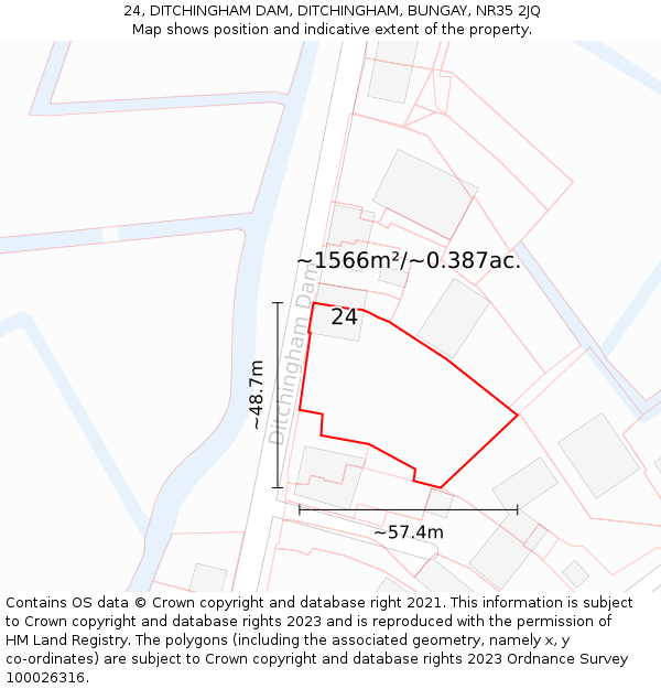 24, DITCHINGHAM DAM, DITCHINGHAM, BUNGAY, NR35 2JQ: Plot and title map
