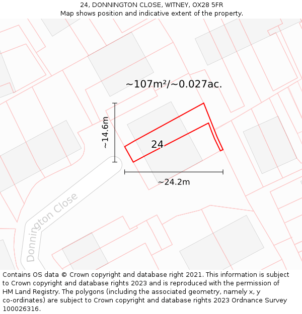 24, DONNINGTON CLOSE, WITNEY, OX28 5FR: Plot and title map