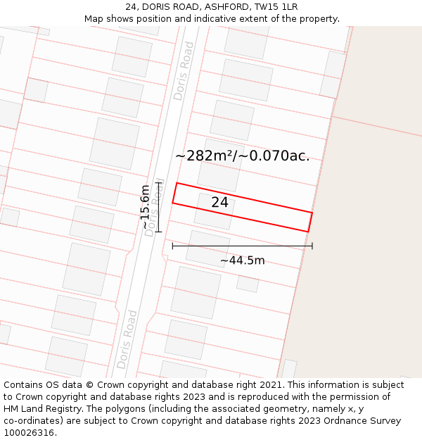 24, DORIS ROAD, ASHFORD, TW15 1LR: Plot and title map