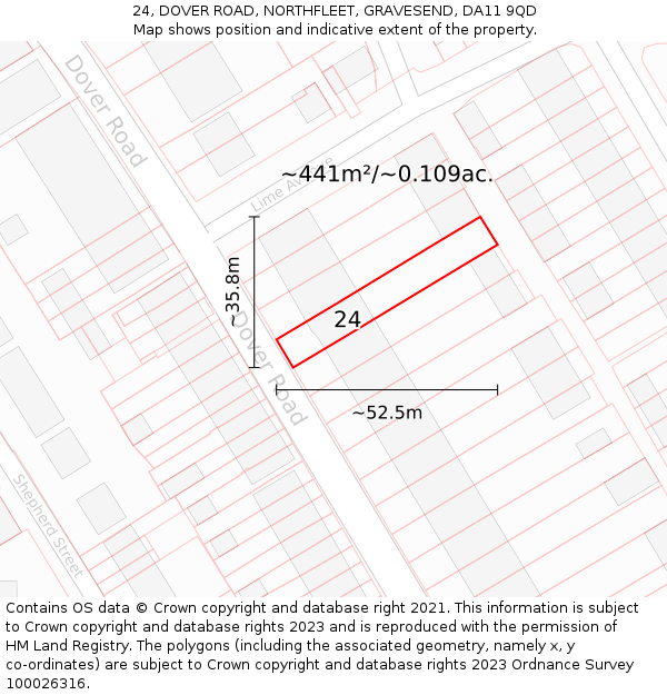 24, DOVER ROAD, NORTHFLEET, GRAVESEND, DA11 9QD: Plot and title map