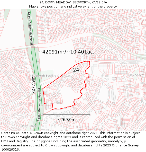 24, DOWN MEADOW, BEDWORTH, CV12 0FA: Plot and title map