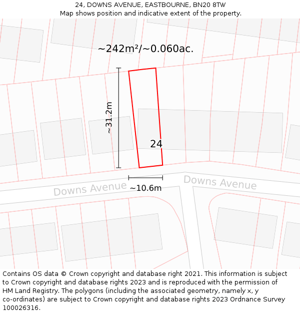 24, DOWNS AVENUE, EASTBOURNE, BN20 8TW: Plot and title map