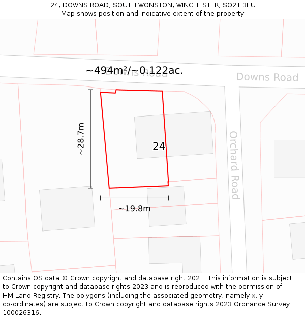 24, DOWNS ROAD, SOUTH WONSTON, WINCHESTER, SO21 3EU: Plot and title map
