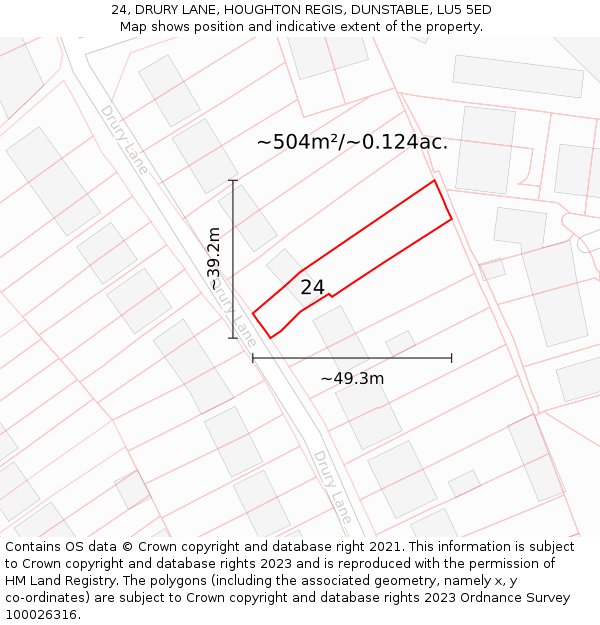 24, DRURY LANE, HOUGHTON REGIS, DUNSTABLE, LU5 5ED: Plot and title map