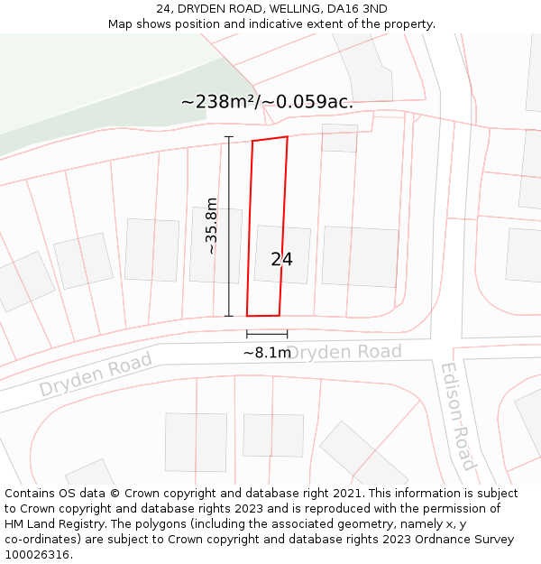 24, DRYDEN ROAD, WELLING, DA16 3ND: Plot and title map