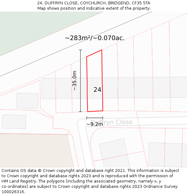 24, DUFFRYN CLOSE, COYCHURCH, BRIDGEND, CF35 5TA: Plot and title map