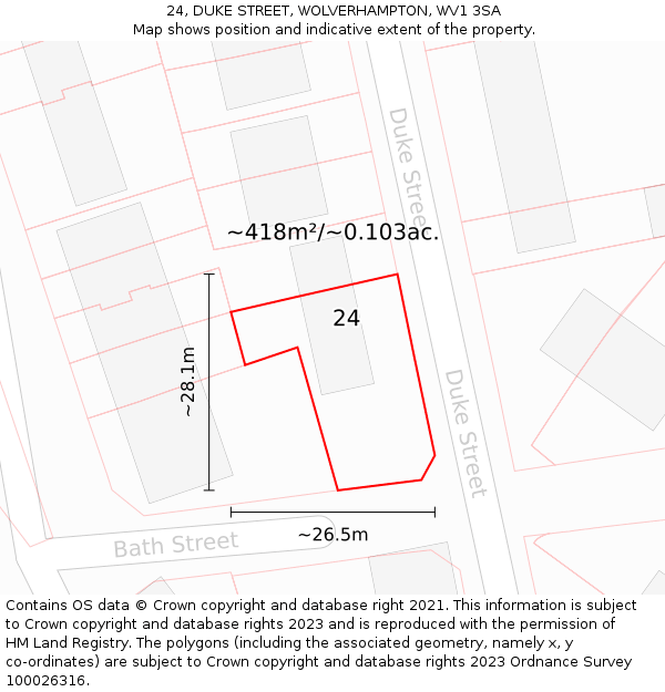 24, DUKE STREET, WOLVERHAMPTON, WV1 3SA: Plot and title map