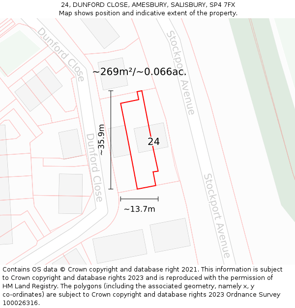 24, DUNFORD CLOSE, AMESBURY, SALISBURY, SP4 7FX: Plot and title map