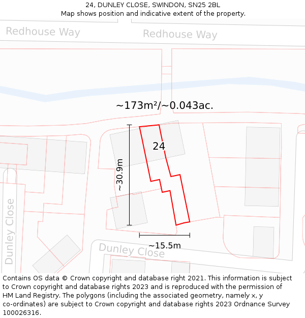 24, DUNLEY CLOSE, SWINDON, SN25 2BL: Plot and title map