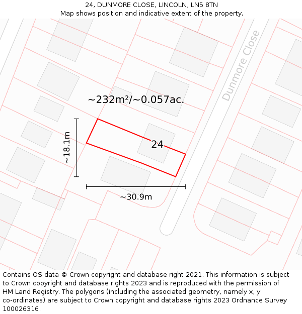 24, DUNMORE CLOSE, LINCOLN, LN5 8TN: Plot and title map