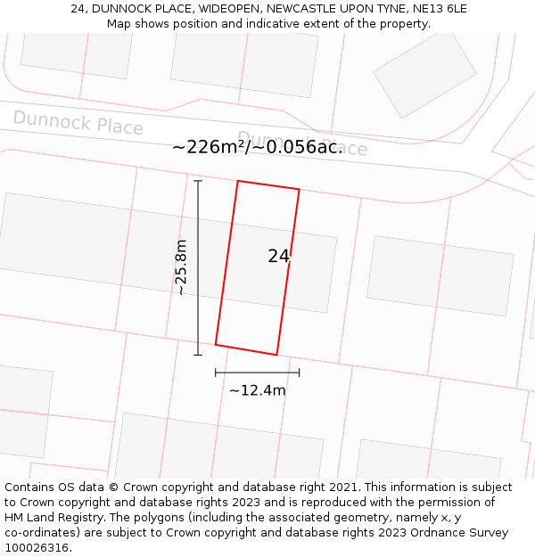 24, DUNNOCK PLACE, WIDEOPEN, NEWCASTLE UPON TYNE, NE13 6LE: Plot and title map