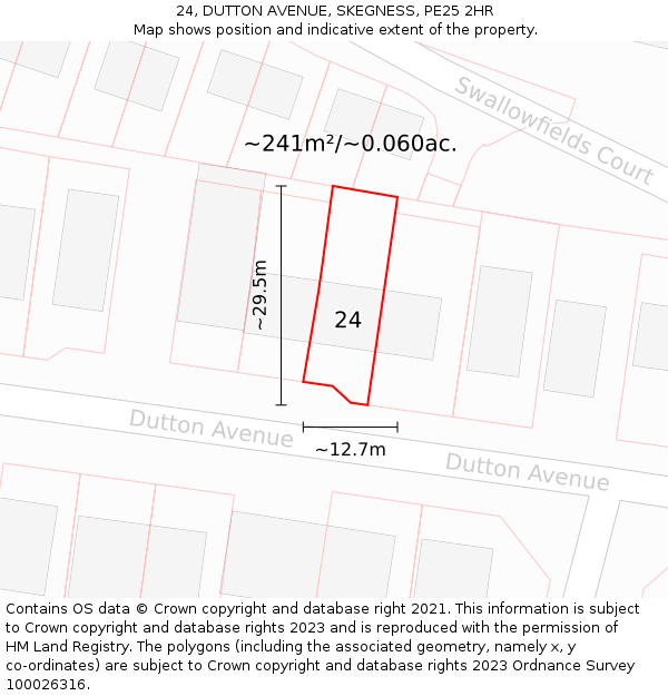 24, DUTTON AVENUE, SKEGNESS, PE25 2HR: Plot and title map