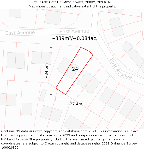 24, EAST AVENUE, MICKLEOVER, DERBY, DE3 9HN: Plot and title map