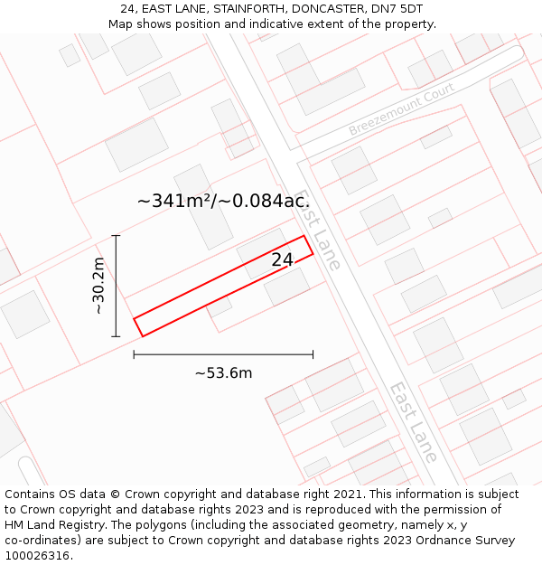24, EAST LANE, STAINFORTH, DONCASTER, DN7 5DT: Plot and title map