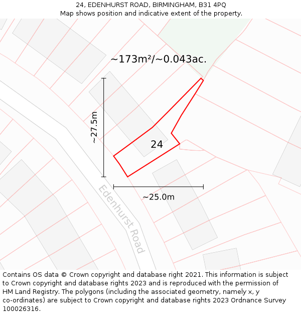 24, EDENHURST ROAD, BIRMINGHAM, B31 4PQ: Plot and title map