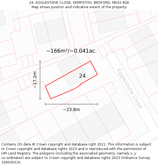 24, EGGLESTONE CLOSE, KEMPSTON, BEDFORD, MK42 8QE: Plot and title map