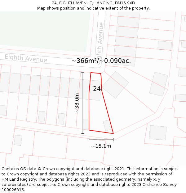 24, EIGHTH AVENUE, LANCING, BN15 9XD: Plot and title map