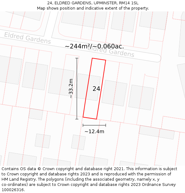 24, ELDRED GARDENS, UPMINSTER, RM14 1SL: Plot and title map