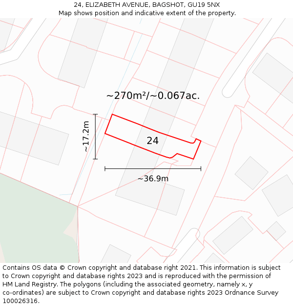 24, ELIZABETH AVENUE, BAGSHOT, GU19 5NX: Plot and title map