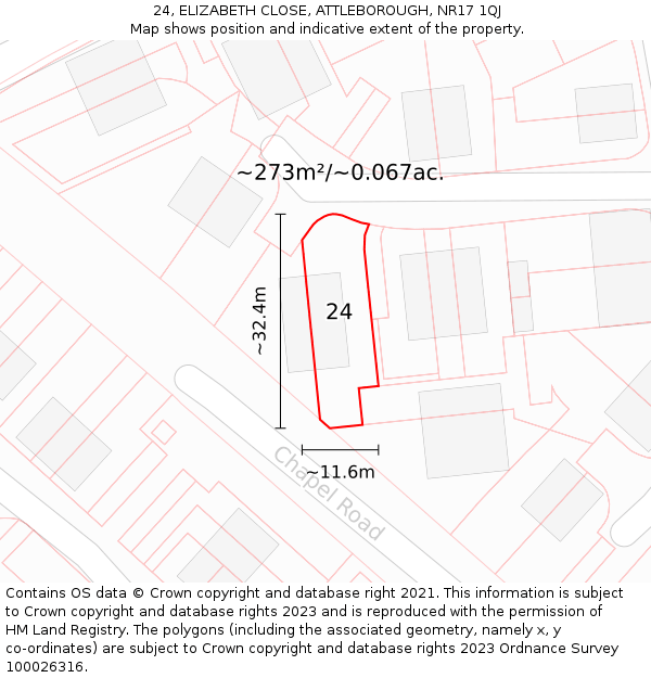 24, ELIZABETH CLOSE, ATTLEBOROUGH, NR17 1QJ: Plot and title map
