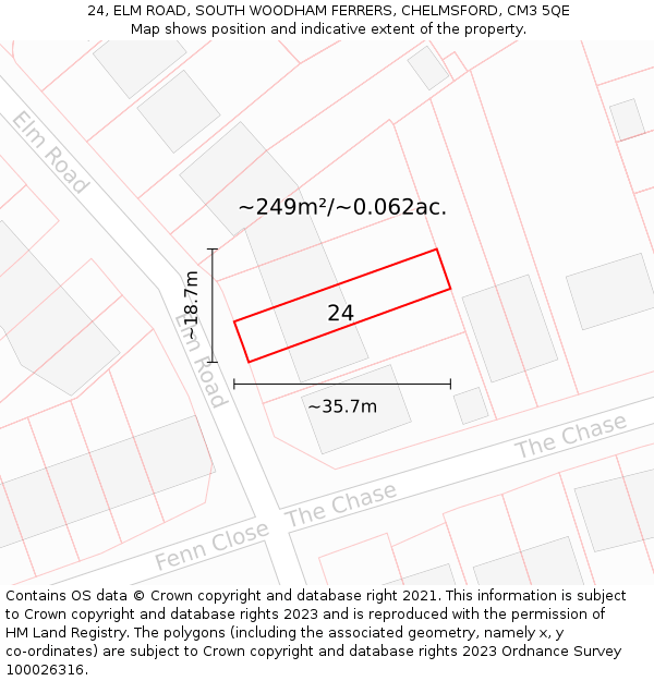 24, ELM ROAD, SOUTH WOODHAM FERRERS, CHELMSFORD, CM3 5QE: Plot and title map