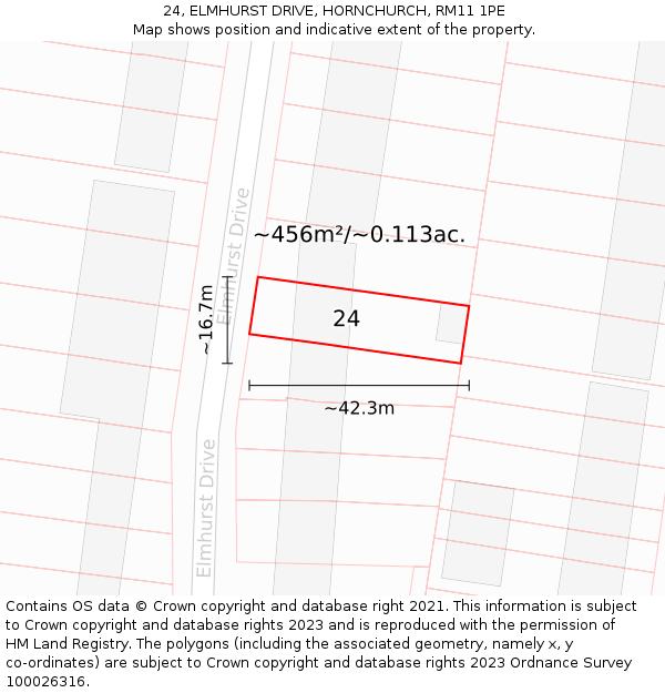 24, ELMHURST DRIVE, HORNCHURCH, RM11 1PE: Plot and title map