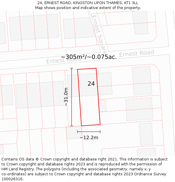 24, ERNEST ROAD, KINGSTON UPON THAMES, KT1 3LL: Plot and title map