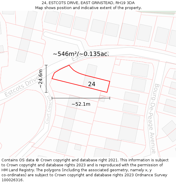 24, ESTCOTS DRIVE, EAST GRINSTEAD, RH19 3DA: Plot and title map