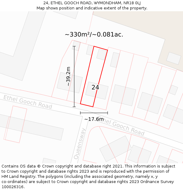 24, ETHEL GOOCH ROAD, WYMONDHAM, NR18 0LJ: Plot and title map