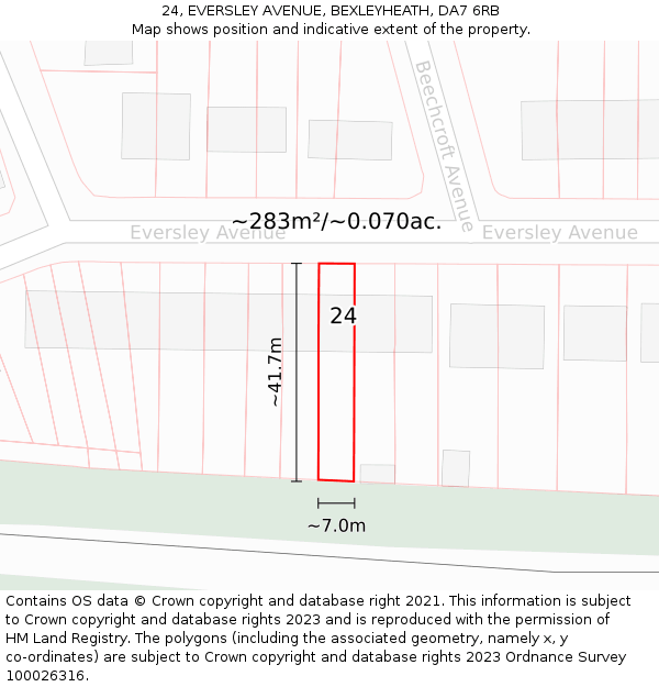 24, EVERSLEY AVENUE, BEXLEYHEATH, DA7 6RB: Plot and title map
