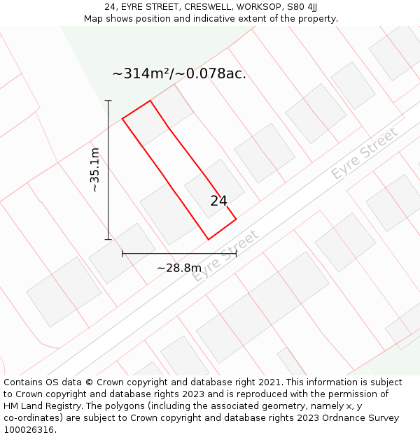 24, EYRE STREET, CRESWELL, WORKSOP, S80 4JJ: Plot and title map