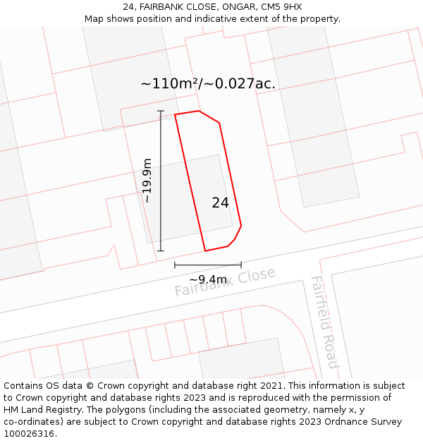 24, FAIRBANK CLOSE, ONGAR, CM5 9HX: Plot and title map