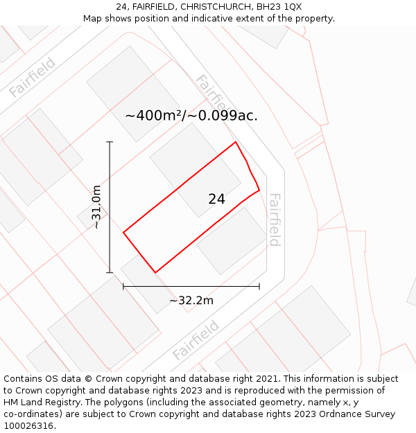 24, FAIRFIELD, CHRISTCHURCH, BH23 1QX: Plot and title map