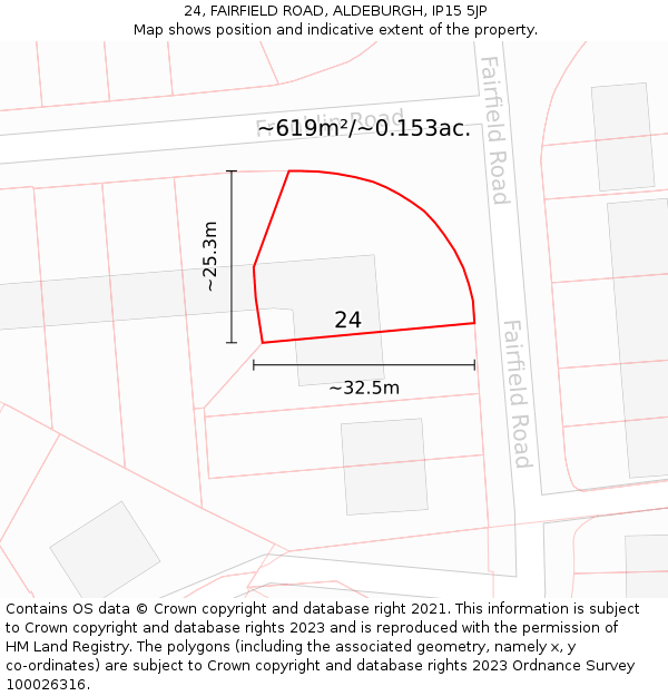 24, FAIRFIELD ROAD, ALDEBURGH, IP15 5JP: Plot and title map