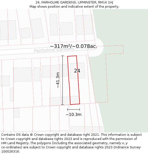 24, FAIRHOLME GARDENS, UPMINSTER, RM14 1HJ: Plot and title map