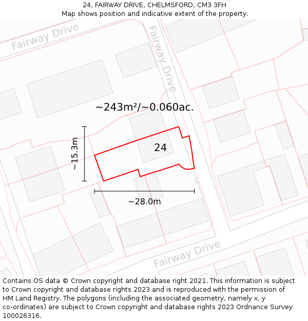 24, FAIRWAY DRIVE, CHELMSFORD, CM3 3FH: Plot and title map