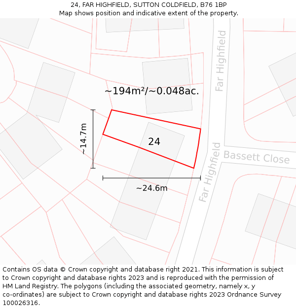 24, FAR HIGHFIELD, SUTTON COLDFIELD, B76 1BP: Plot and title map
