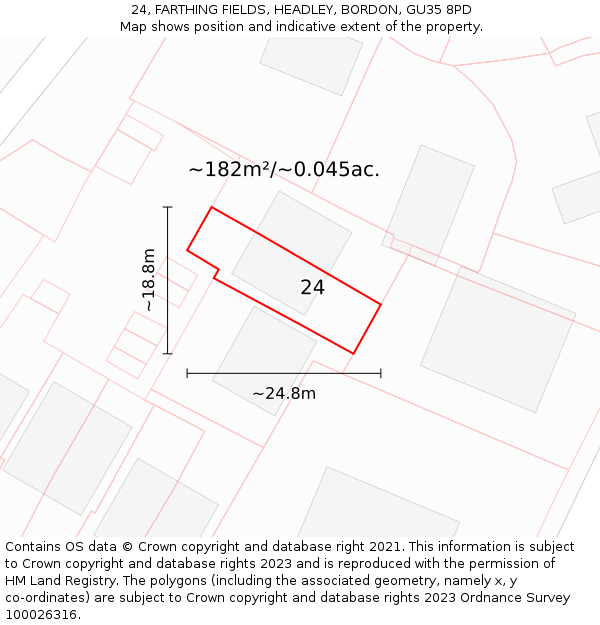 24, FARTHING FIELDS, HEADLEY, BORDON, GU35 8PD: Plot and title map