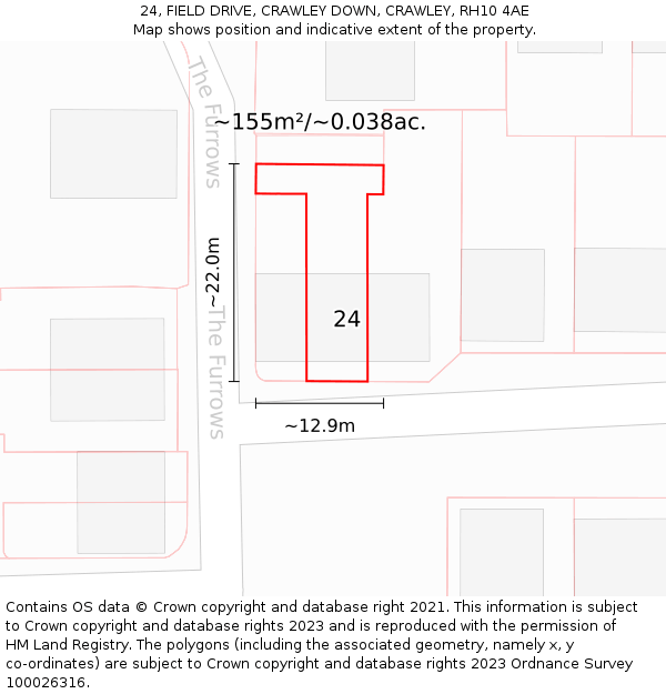 24, FIELD DRIVE, CRAWLEY DOWN, CRAWLEY, RH10 4AE: Plot and title map