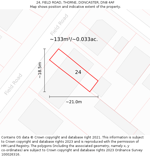 24, FIELD ROAD, THORNE, DONCASTER, DN8 4AF: Plot and title map