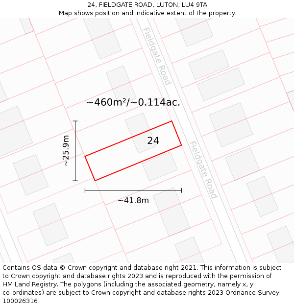 24, FIELDGATE ROAD, LUTON, LU4 9TA: Plot and title map