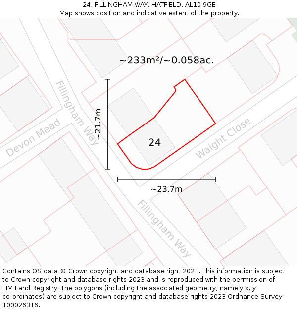 24, FILLINGHAM WAY, HATFIELD, AL10 9GE: Plot and title map