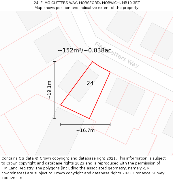 24, FLAG CUTTERS WAY, HORSFORD, NORWICH, NR10 3FZ: Plot and title map