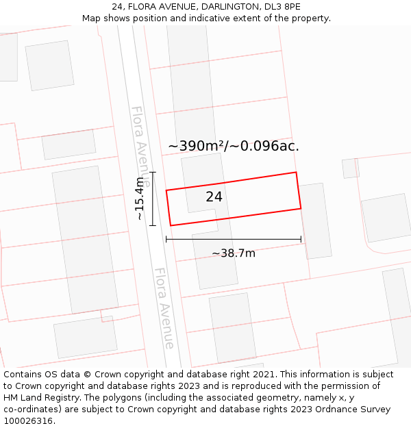24, FLORA AVENUE, DARLINGTON, DL3 8PE: Plot and title map