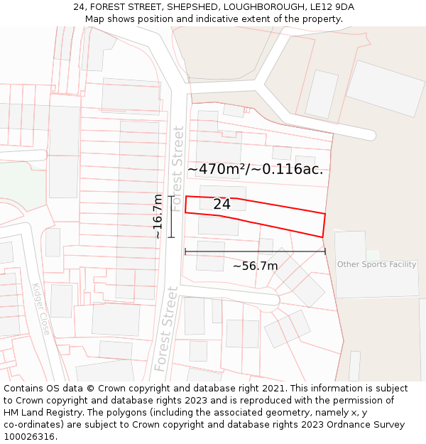 24, FOREST STREET, SHEPSHED, LOUGHBOROUGH, LE12 9DA: Plot and title map