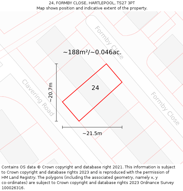 24, FORMBY CLOSE, HARTLEPOOL, TS27 3PT: Plot and title map