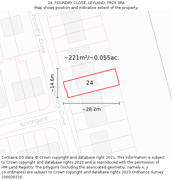24, FOUNDRY CLOSE, LEYLAND, PR25 3RA: Plot and title map