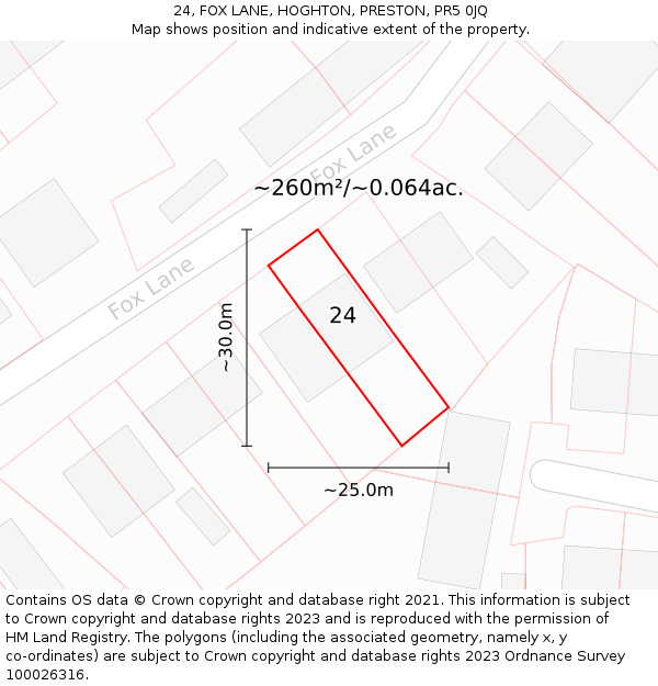 24, FOX LANE, HOGHTON, PRESTON, PR5 0JQ: Plot and title map